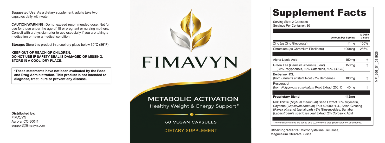 Complete official FIMAVYN bottle label with directions, warnings, front panel, Supplement Facts and other ingredients
